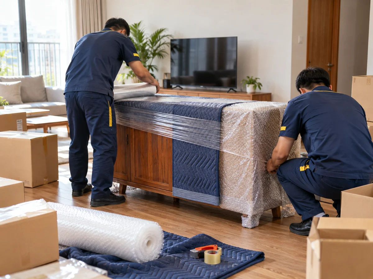 Đóng gói nội thất bằng màng xốp hơi trong phòng khách